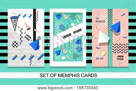 Set Memphis cards for congratulations. Vector illustration.