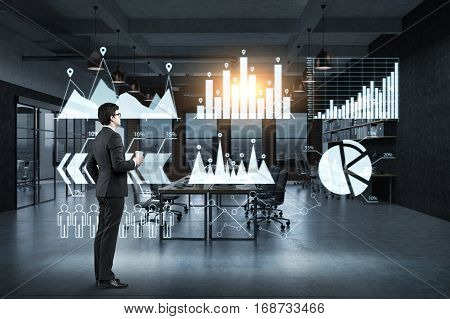 Man With Coffee And Six Graphs On Glassboard