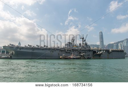 HONG KONG, CHINA - Sept 18:The U.S. amphibious assault ship USS Bonhomme Richard pulled in Hong Kong waters on Sept 18,2013 to get replenishment.Commissioned in 1998, the 40,500-ton vessel.