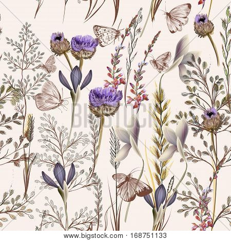 Flower vector pattern with plants. Vintage provance style