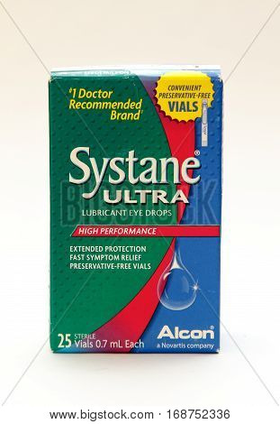New York January 25 2017: A pack of Systane lubricant eye drops stands against white background.