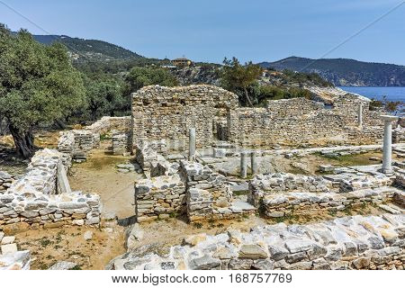 Columns in Ruins of ancient church in Archaeological site of Aliki, Thassos island,  East Macedonia and Thrace, Greece
