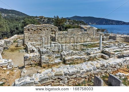 Columns in Ruins of ancient church in Archaeological site of Aliki, Thassos island,  East Macedonia and Thrace, Greece