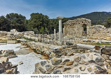 Columns in Ruins of ancient church in Archaeological site of Aliki, Thassos island,  East Macedonia and Thrace, Greece