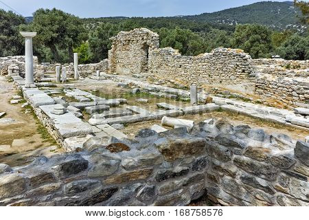 Columns in Ruins of ancient church in Archaeological site of Aliki, Thassos island,  East Macedonia and Thrace, Greece