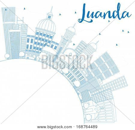 Outline Luanda Skyline with Blue Buildings and Copy Space. Business Travel and Tourism Concept with Modern Architecture. Image for Presentation Banner Placard and Web Site.