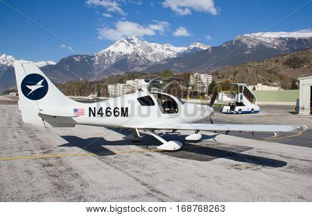 SION, SWITZERLAND - March 30: Columbia-400 preparing for departure on March 30, 2012 in Sion, Switzerland. Sion is one of the airports serving business and sport personal aircrafts.