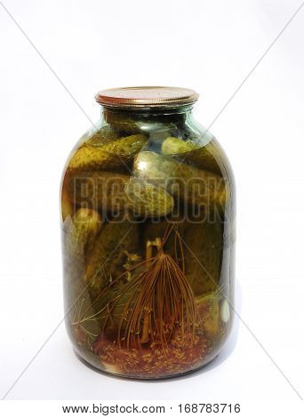 Jar of canned cucumbers dill garlic pepper isolated on white