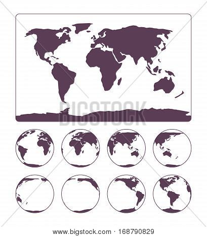 World Map flat image projection representing the surface of the Earth and three-dimensional, spherical, scale model of Earth in set of globes. Guide for navigation, travelling round the world
