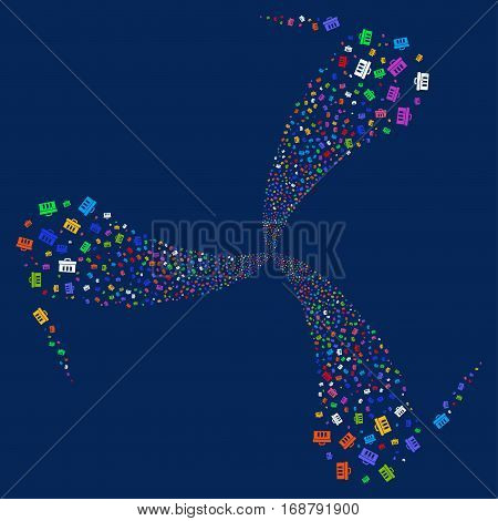 Analysis fireworks swirl rotation. Vector illustration style is flat bright multicolored iconic symbols on a blue background. Object whirl created from random symbols.