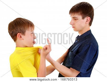 Teenager threaten a Naughty Kid Isolated on the White Background