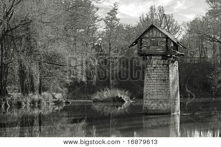 Vintage photography of mysterious place (the legend of the water-sprite) on Radbuza River nearby Pilsen City. Czech Republic - Europe