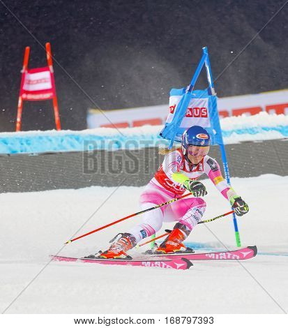 STOCKHOLM SWEDEN - JAN 31 2017: Mikaela Shiffrin (USA) fighting in the downhill skiing parallel slalom makes a turn at the Alpine Audi FIS Ski World Cup - city event January 31 2017 Stockholm Sweden