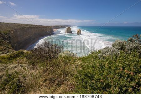 Giant limestone stacks, Gog and Magog. Gibson Steps, Great Ocean Road, Victoria, Australia