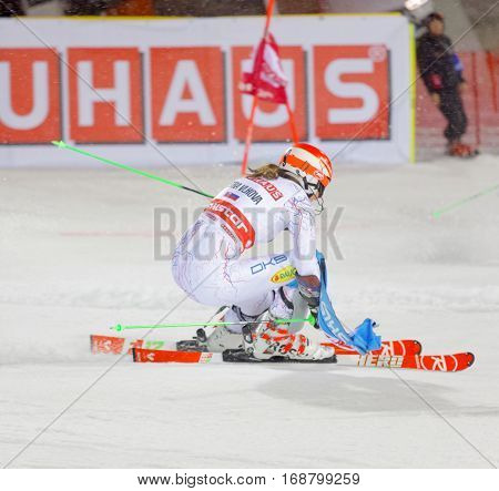 STOCKHOLM SWEDEN - JAN 31 2017: Side view of Petra Vihova (SVK) in the parallel slalom downhill skiing at the Alpine Audi FIS Ski World Cup event. January 31 2017 Stockholm Sweden