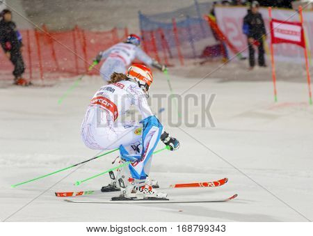 STOCKHOLM SWEDEN - JAN 31 2017: Petra Vihova (SVK) and competitor in the parallel slalom downhill skiing at the Alpine Audi FIS Ski World Cup event. January 31 2017 Stockholm Sweden