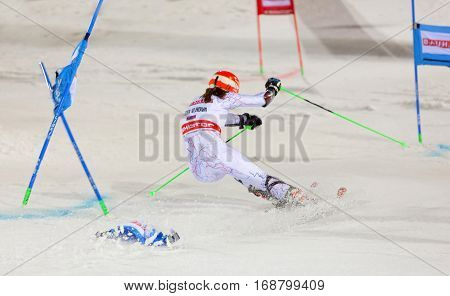 STOCKHOLM SWEDEN - JAN 31 2017: Rear view of Petra Vihova (SVK) in the parallel slalom downhill skiing at the Alpine Audi FIS Ski World Cup event. January 31 2017 Stockholm Sweden