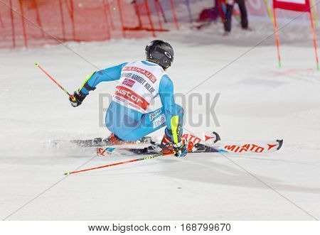 STOCKHOLM SWEDEN - JAN 31 2017: Side view of Aleksander Aamodt Kilde (NOR) in the parallel slalom downhill alpine skiing event Audi FIS Ski World Cup. January 31 2017 Stockholm Sweden