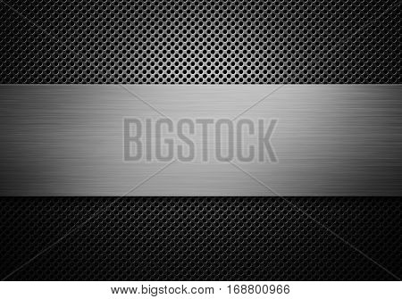 Abstract modern grey perforated metal plate with polished metal plate in center textured material design for background graphic design