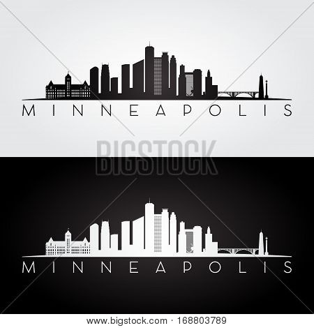 Minneapolis USA skyline and landmarks silhouette black and white design vector illustration.