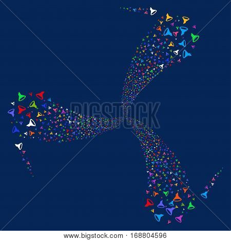 Filter fireworks swirl rotation. Vector illustration style is flat bright multicolored iconic symbols on a blue background. Object spiral constructed from random symbols.