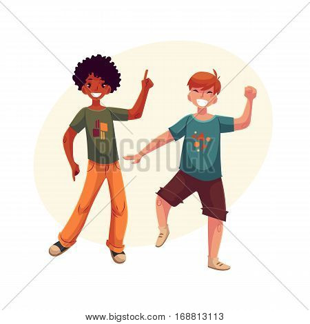 Full length portrait of african amercian teenaged boy in orange jeans dancing, cartoon style vector illustration isolated on yellow background with place for text. Smiling two boys dancing