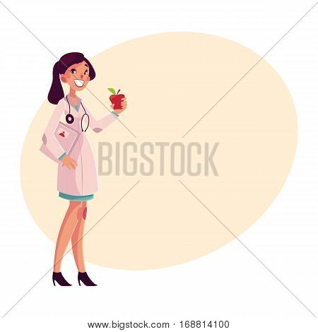 Glad, smiling female dietitian holding weigh scales and apple, cartoon vector illustration on background with place for text. Female dietician, nutrition, dieting expert, health care professional