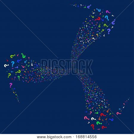Question fireworks swirl rotation. Vector illustration style is flat bright multicolored iconic symbols on a blue background. Object twirl organized from random symbols.