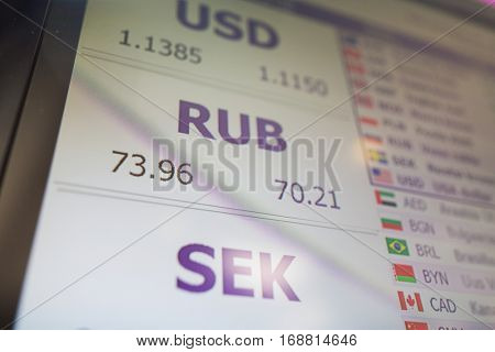 finance, currency and money concept - digital display with exchange rates on screen