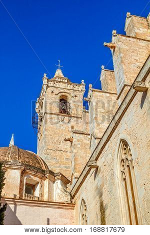 Bell tower of Old Santa Maria Cathedral at Ciutadella, Menorca island, Spain.