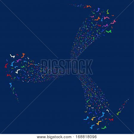 Sqrt fireworks swirl rotation. Vector illustration style is flat bright multicolored iconic symbols on a blue background. Object spiral organized from random pictograms.