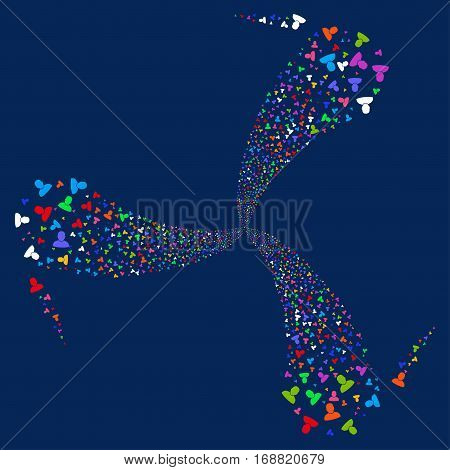 User fireworks swirl rotation. Vector illustration style is flat bright multicolored iconic symbols on a blue background. Object spiral combined from random pictographs.