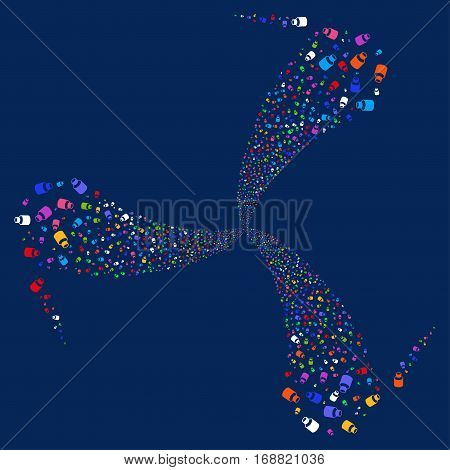 Vial fireworks swirl rotation. Vector illustration style is flat bright multicolored iconic symbols on a blue background. Object twirl done from random pictograms.