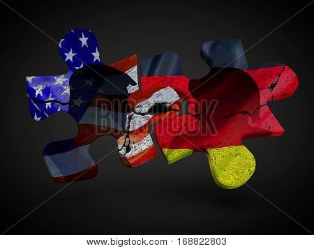 Trump and Merkel with US Germany flags on puzzle pieces. Political relationship concept 3D rendering