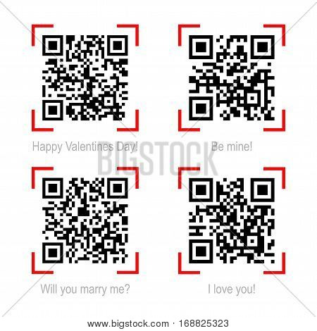 Vector illustration of Qr code samples on valentine holiday and love theme isolated on white. Scanned Qr-codes read I love you, Be mine, Happy Valentines Day, Will you marry me