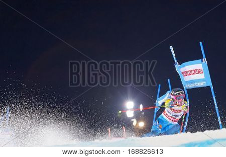 STOCKHOLM SWEDEN - JAN 31 2017: Frida Hansdotter (SWE) squirting snow in the parallel slalom downhill skiing at the Alpine Audi FIS Ski World Cup - city event January 31 2017 Stockholm Sweden