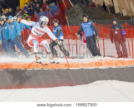 STOCKHOLM SWEDEN - JAN 31 2017: Melanie Meillard (SUI) jumping in the downhill skiing in the parallel slalom alpine event Audi FIS Ski World Cup. January 31 2017 Stockholm Sweden
