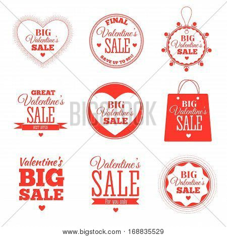 Set of Valentines day sale offers. Vector illustration in red colour with lettering on white background. Big Valentines Sale. Shop market poster design.