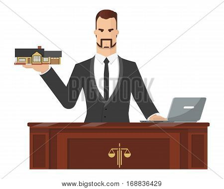 The lawyer is trying to help a client to sue house. Vector illustration