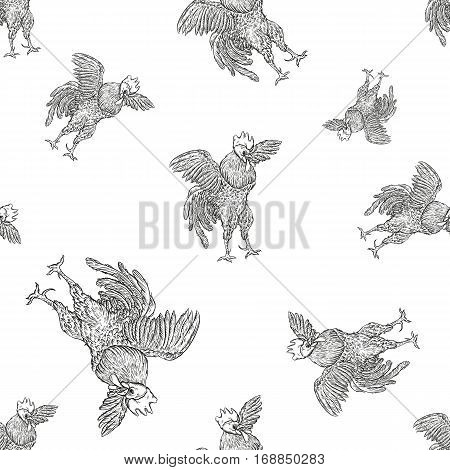 Rooster. Cock seamless pattern in Vintage engraving style. farms and manufacturing depicting roster. Grunge background for the chicken product. Farm painting. Cockerel.