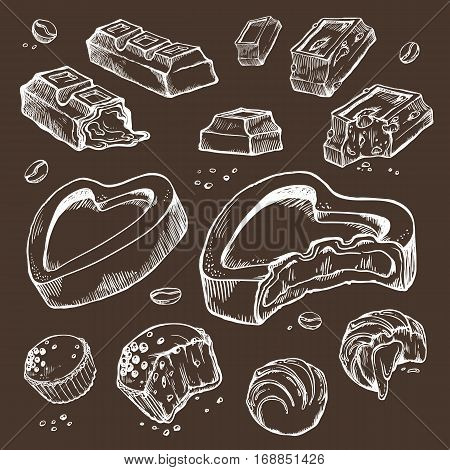 Vector set of hand-drawn sketches bitten chocolates. Sweet rolls, bars, glazed, cocoa beans. Isolated objects on a dark background