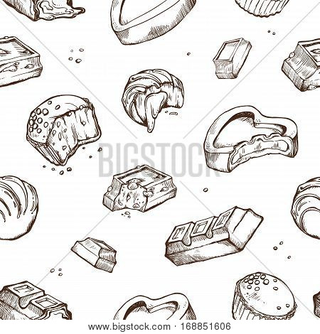 Vector seamless pattern of hand-drawn sketches bitten chocolates. Sweet rolls, bars, glazed, cocoa beans. Isolated objects on a white background