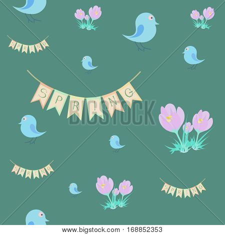 seamlees pattern with birds and crocus. Banner with inscription Spring. Springtime and easter.
