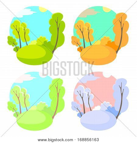 Set of bright flat vector natural backgrounds. Four seasons in nature - summer winter fall spring. City park or vacation woods at 4 times of the year