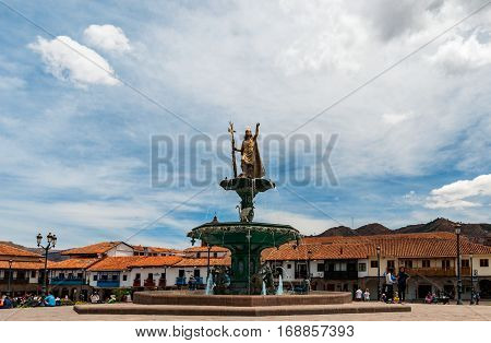 Cusco, Peru - October 13, 2016: Fountain of the Inca Pachacutec in the Plaza de Armas of Cusco, Peru