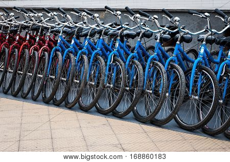 Bicycles stand in a row on a parking for rent