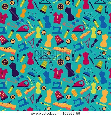 Seamless pattern with sewing accessories on a turquoise background