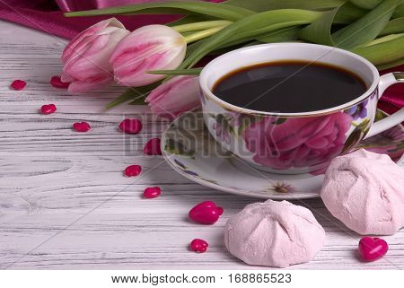 Valentine's Day Elegant Still Life With Tulip Flowers Cup Of Coffe Marshmallow Red Heart Shape Sign 