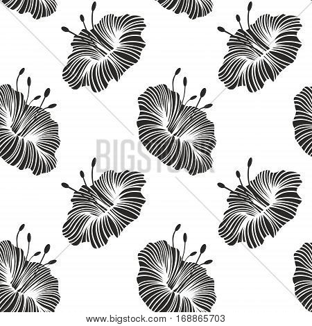 Monochrome stylized flowers with graceful lines. Vector seamless background