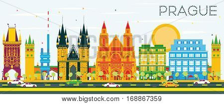 Prague Skyline with Color Buildings and Blue Sky. Vector Illustration. Business Travel and Tourism Concept with Historic Architecture. Image for Presentation Banner Placard and Web.